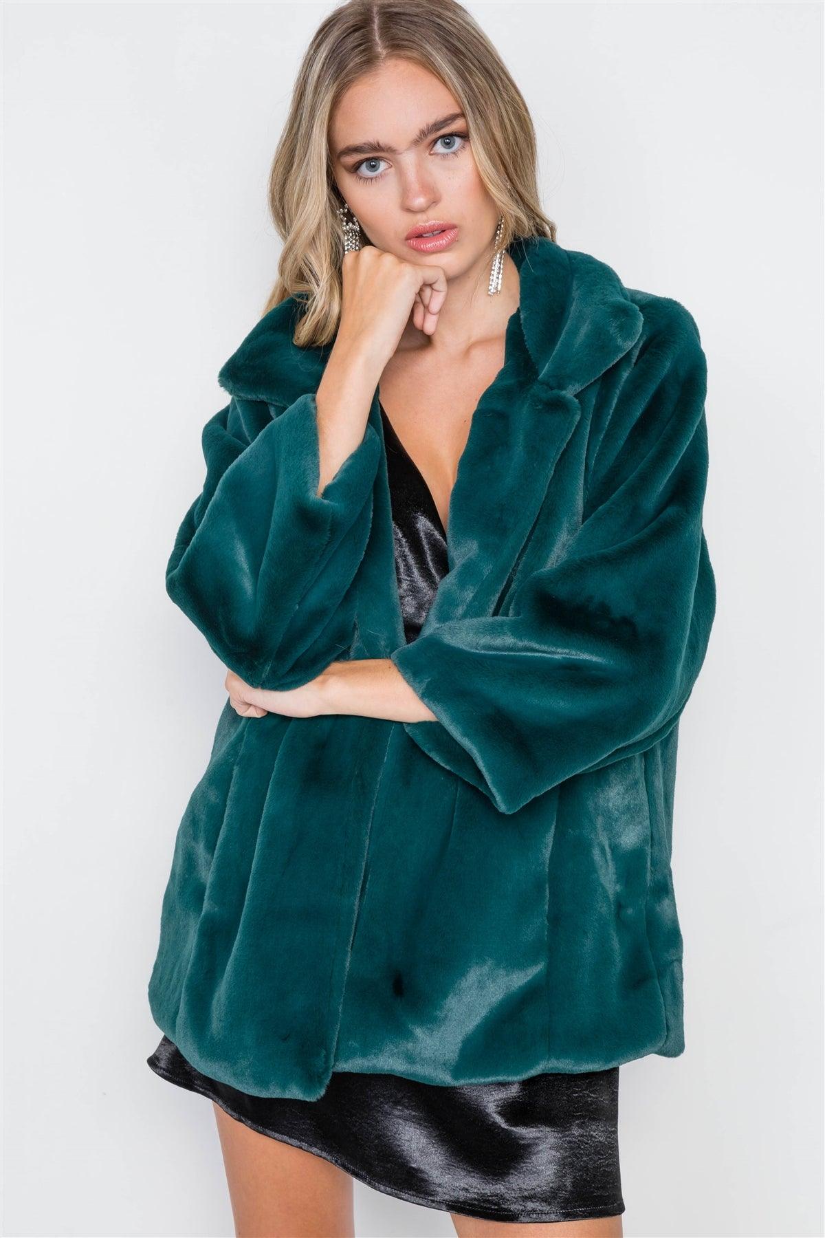 Kelly Green Faux Fur Open Front Long Sleeve Coat /2-2-2