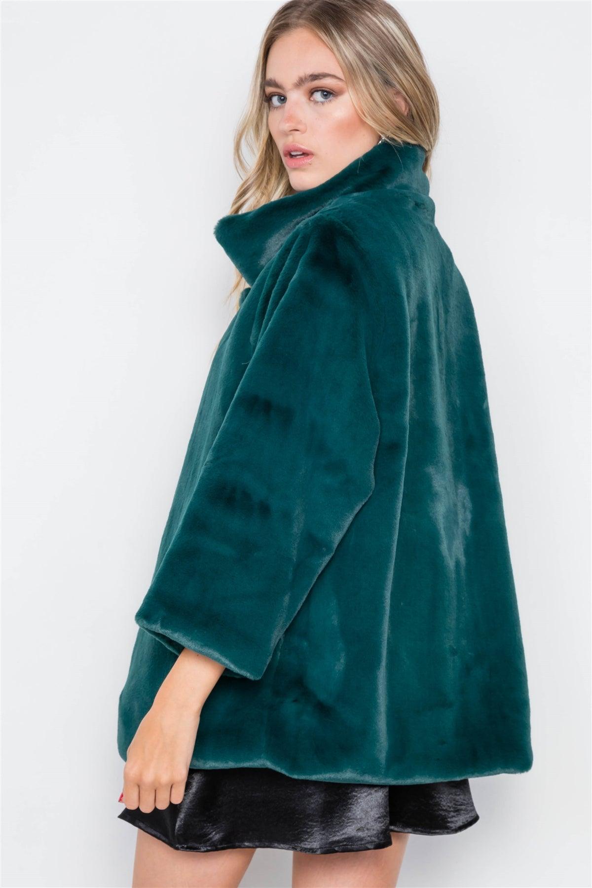 Kelly Green Faux Fur Open Front Long Sleeve Coat /2-2-2