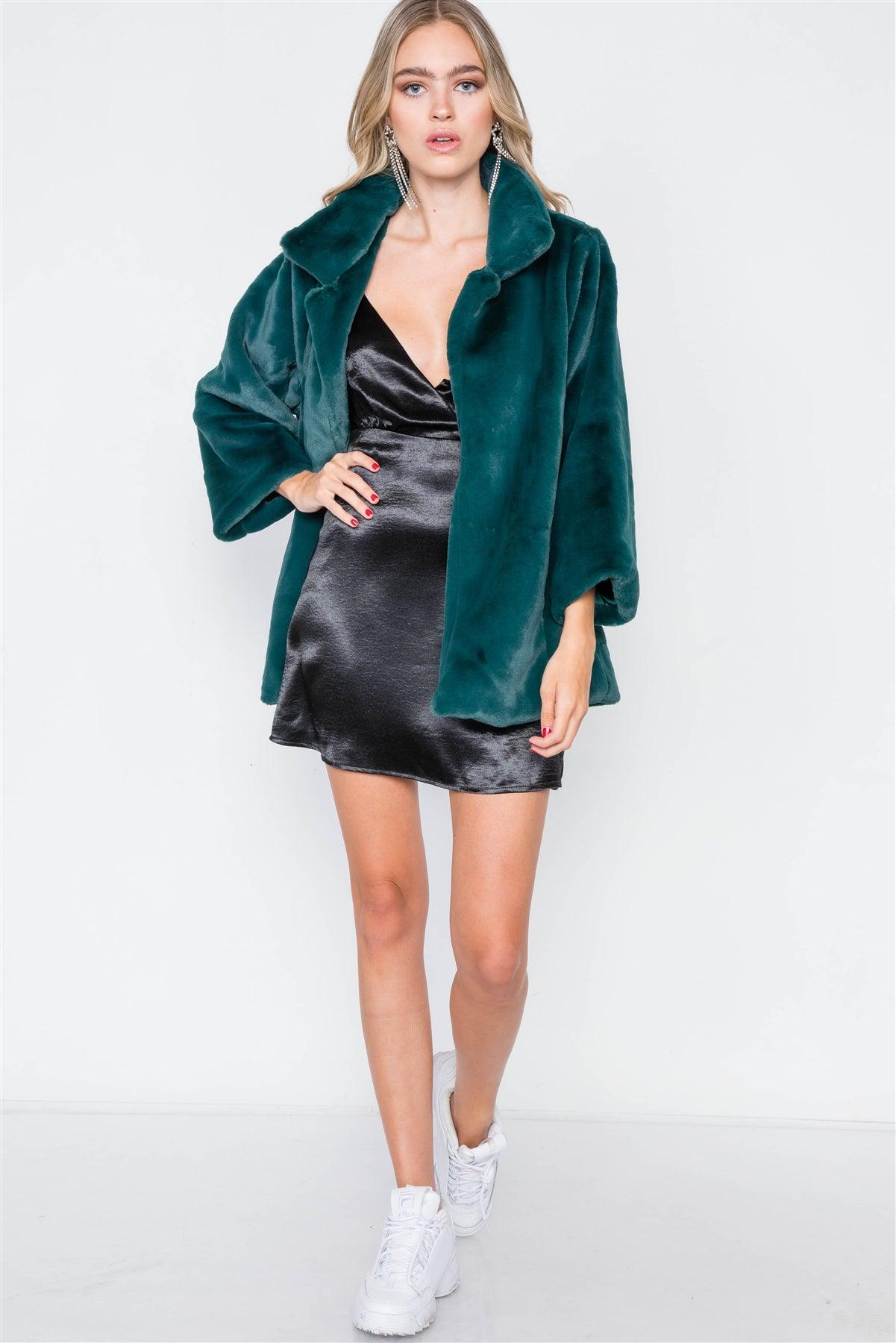 Kelly Green Faux Fur Open Front Long Sleeve Coat /2-2-2