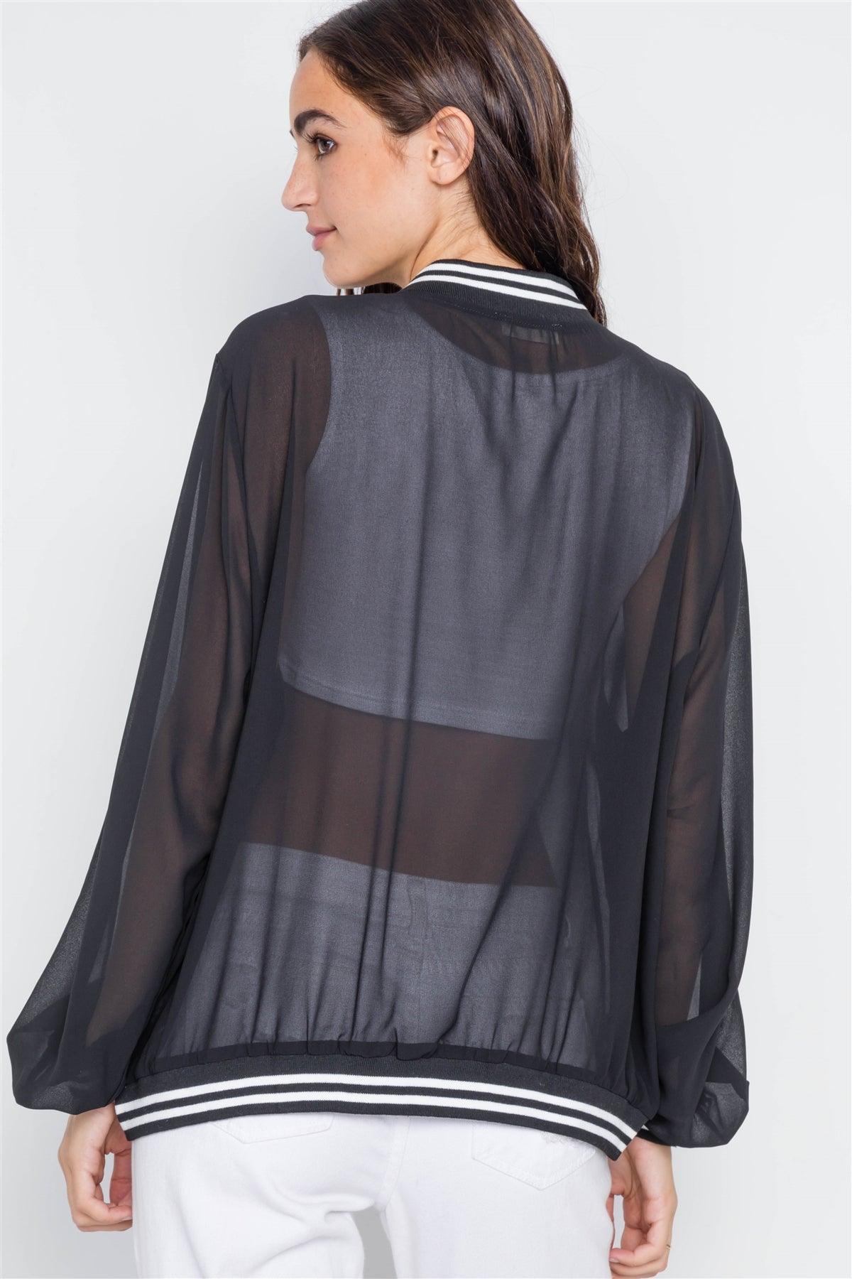 Black Sheer Contrast Trim Long Sleeve Light Jacket /2-1-3