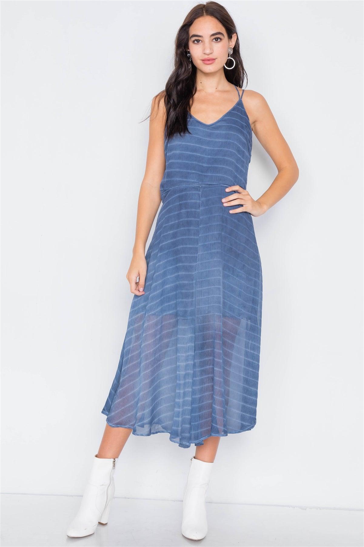 Indigo Blue Contrast Stripes Sheer Flare Leg Jumpsuit /2-2-2