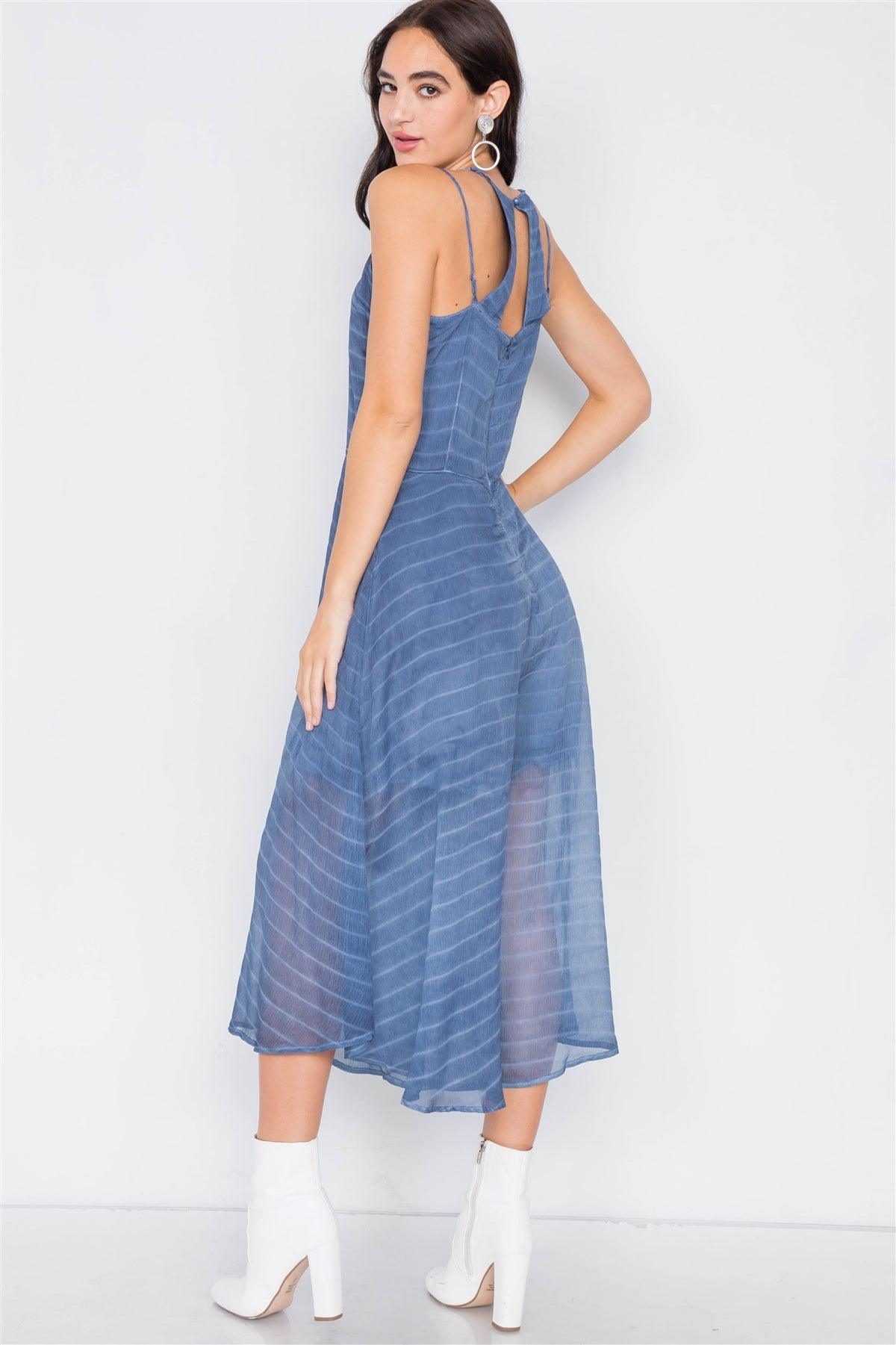 Indigo Blue Contrast Stripes Sheer Flare Leg Jumpsuit /2-2-2