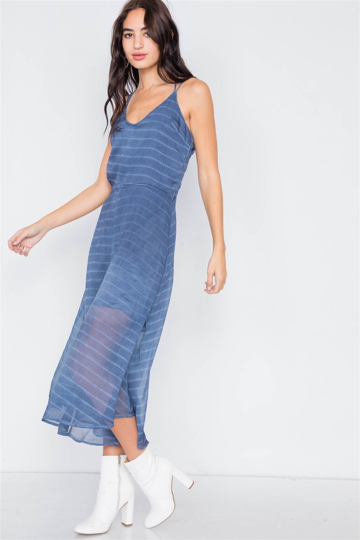 Indigo Blue Contrast Stripes Sheer Flare Leg Jumpsuit /2-2-2