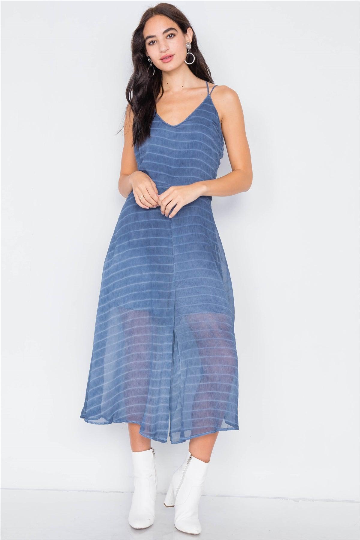 Indigo Blue Contrast Stripes Sheer Flare Leg Jumpsuit   /1-2-3