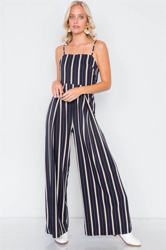 Navy Pleated Wide Leg Open Back Jumpsuit /2-2-2