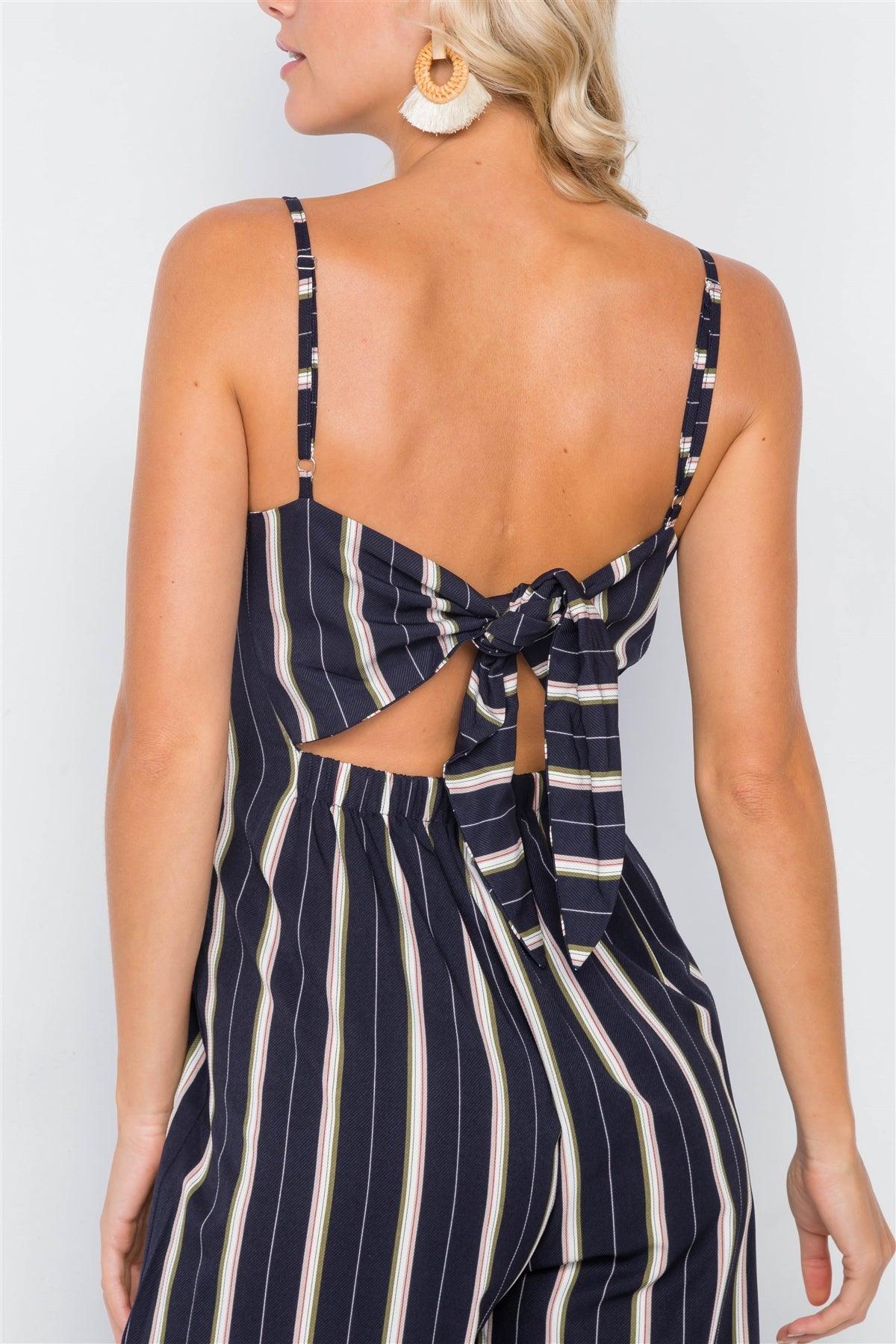 Navy Pleated Wide Leg Open Back Jumpsuit /2-2-2