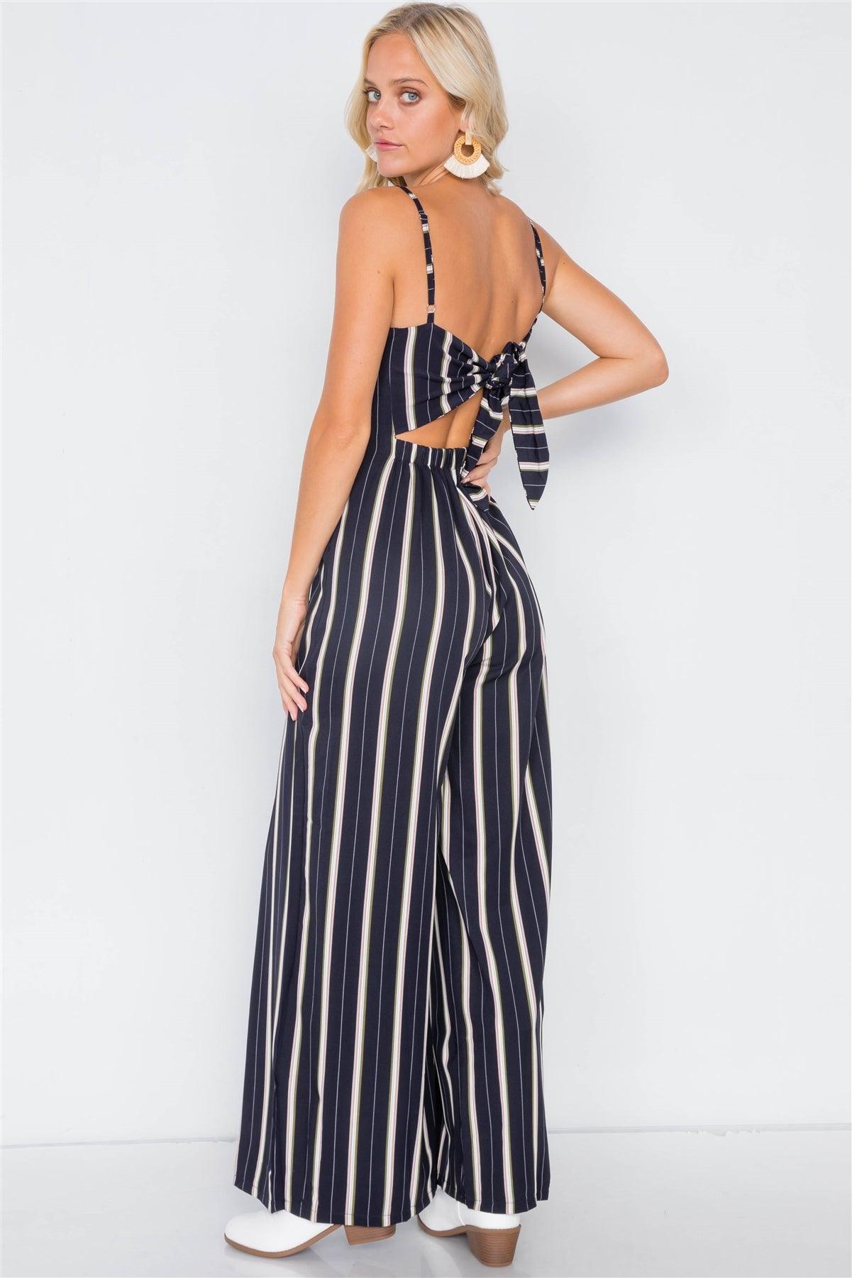 Navy Pleated Wide Leg Open Back Jumpsuit /2-2-2