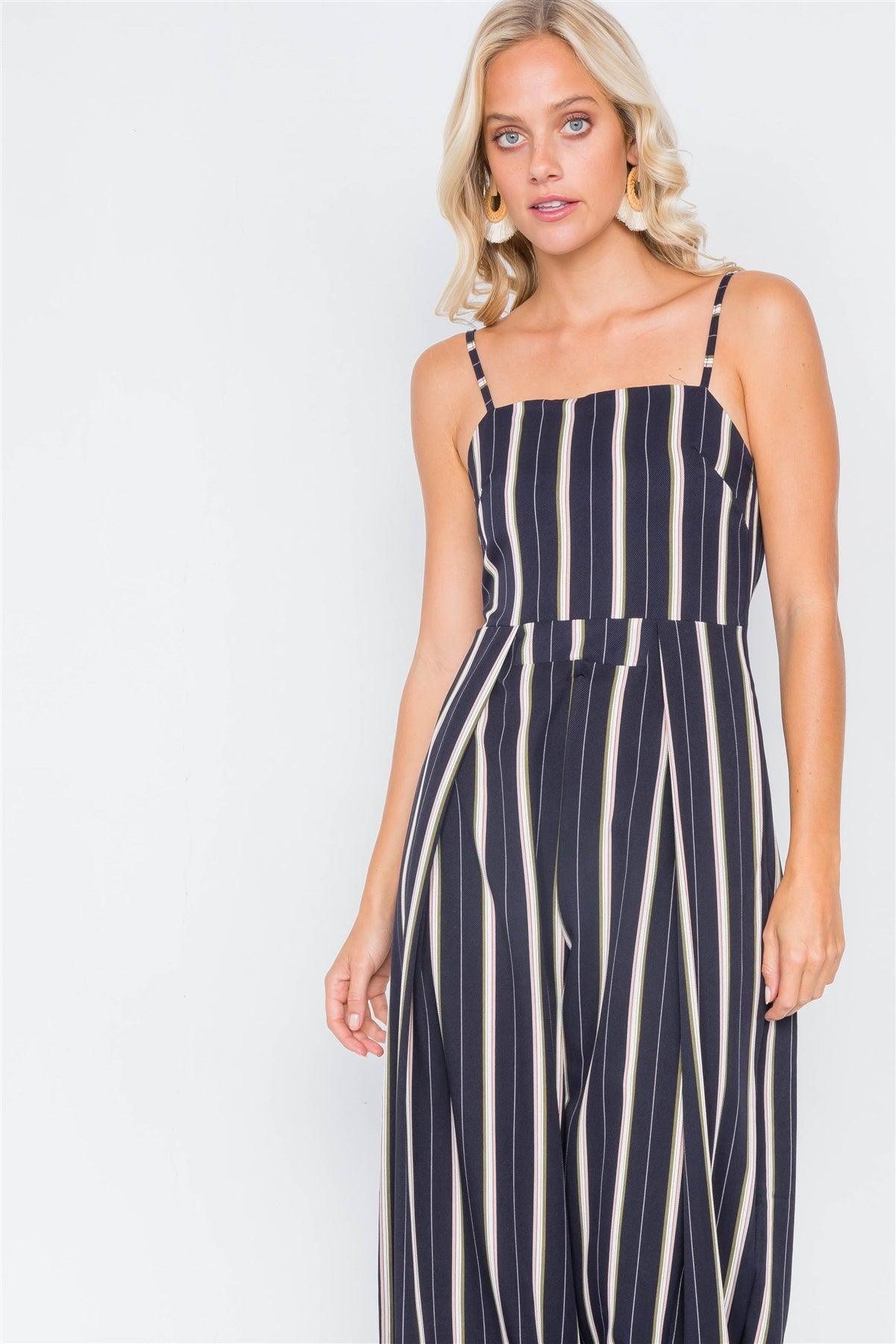 Navy Pleated Wide Leg Open Back Jumpsuit /2-2-2