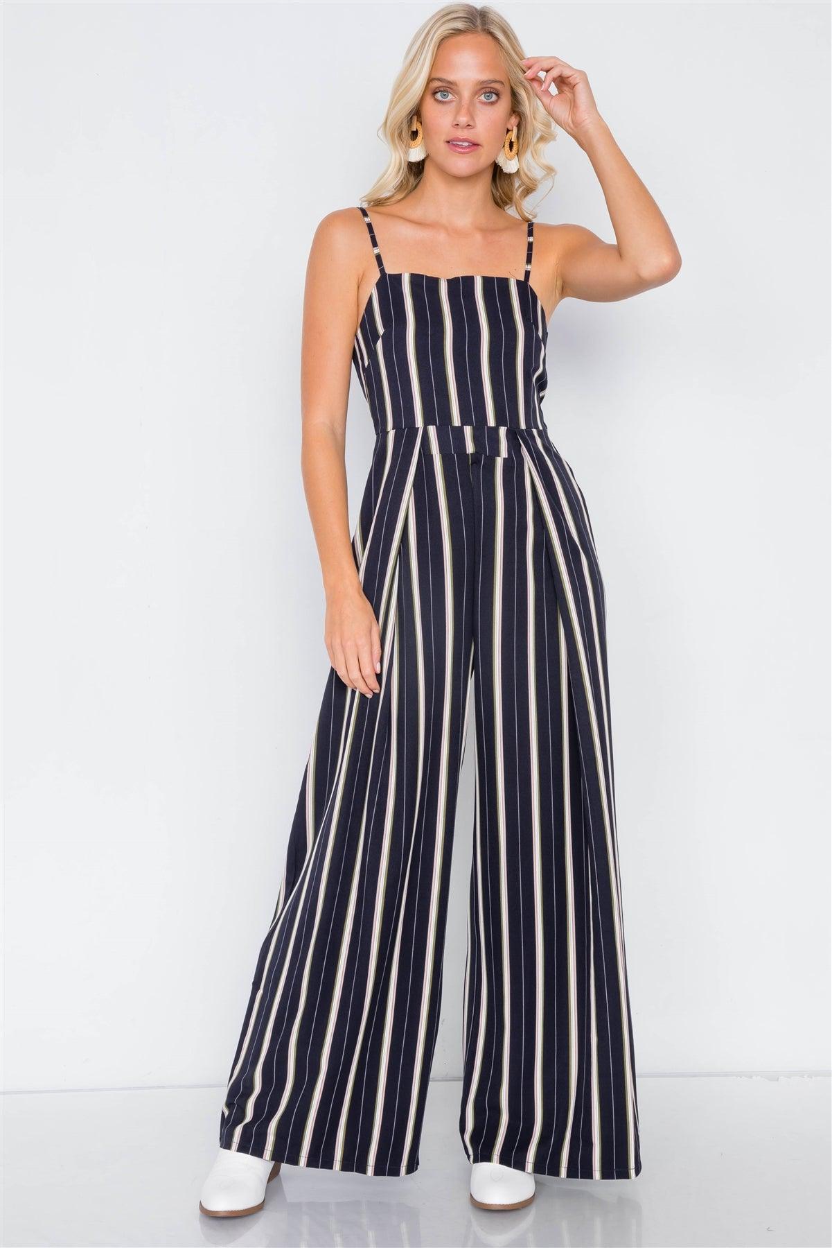 Navy Pleated Wide Leg Open Back Jumpsuit /2-2-2