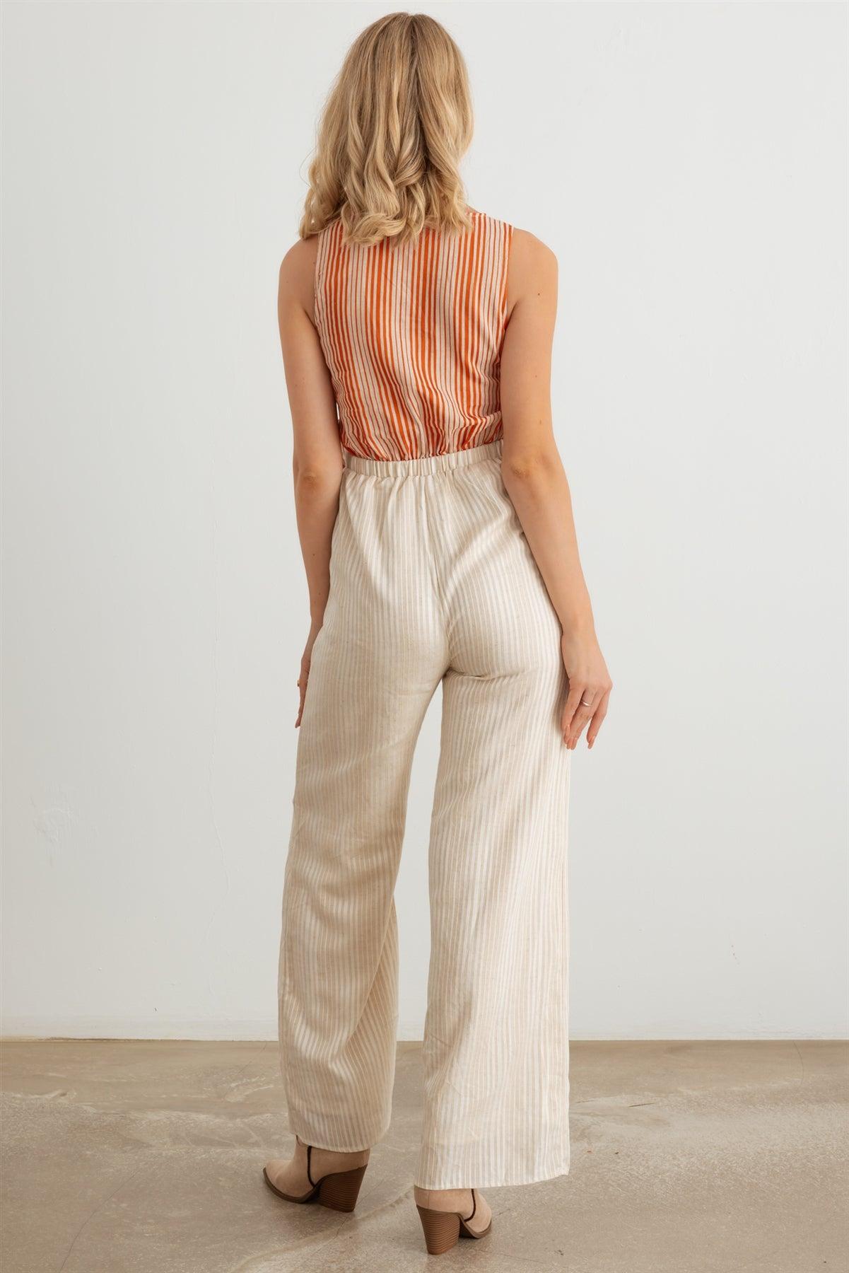 Terracotta Striped Wrap Tie Neck Sleeveless Cut-Out Front Two Pocket Jumpsuit /1-2-2