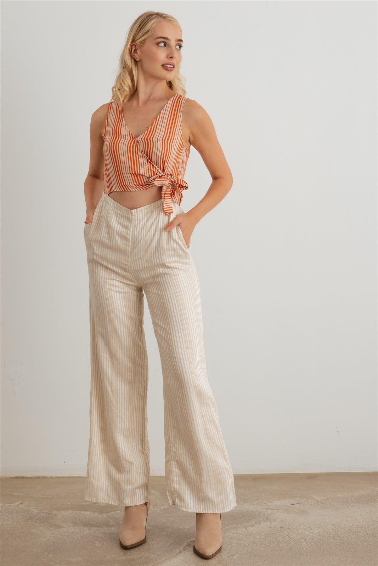 Terracotta Striped Wrap Tie Neck Sleeveless Cut-Out Front Two Pocket Jumpsuit /1-2-2