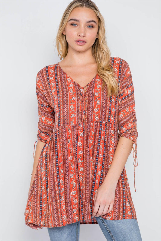 Rust V-Neck 3/4 Sleeve Button-Front Boho Top /2-2-2