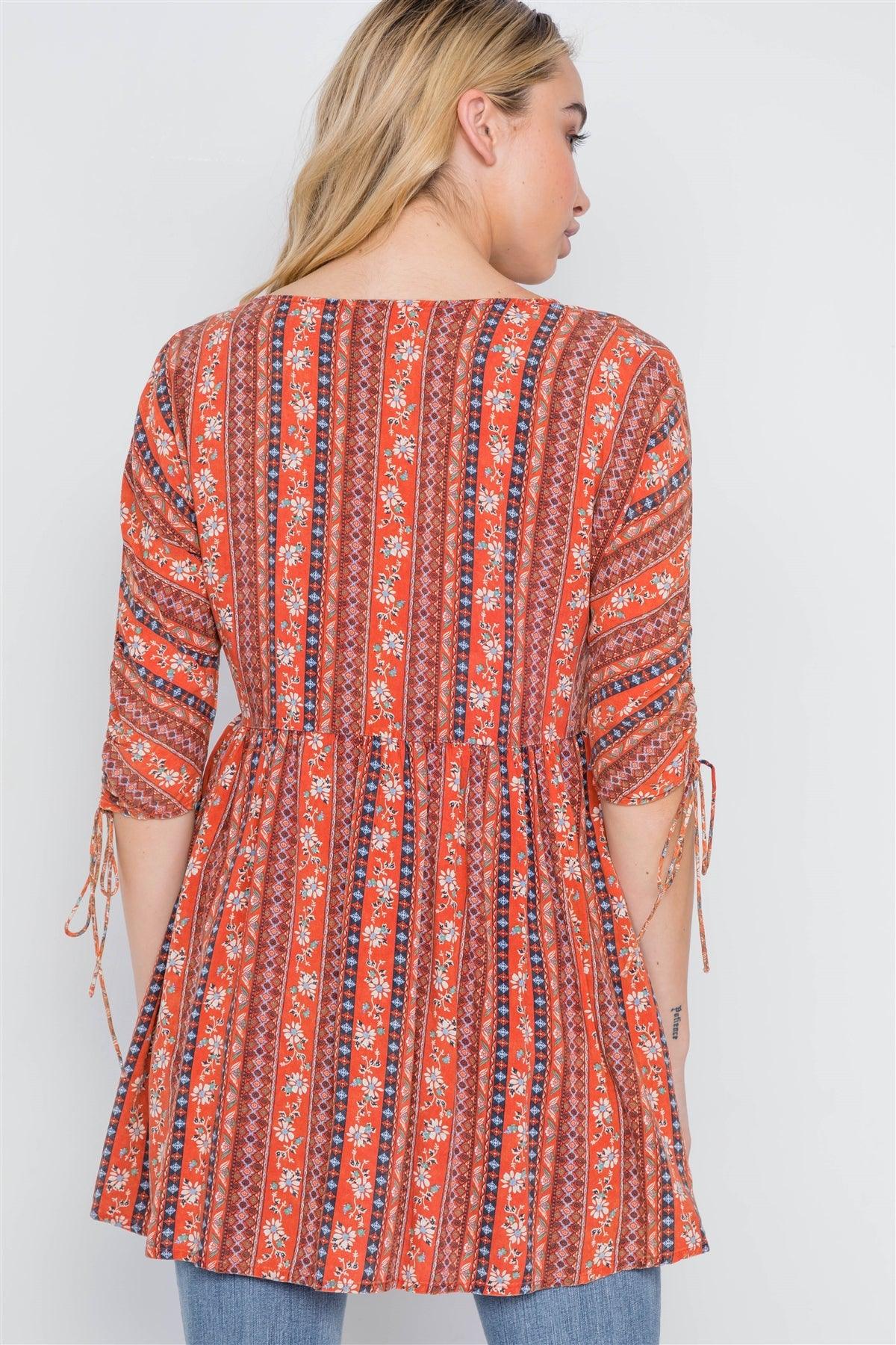 Rust V-Neck 3/4 Sleeve Button-Front Boho Top /2-2-2