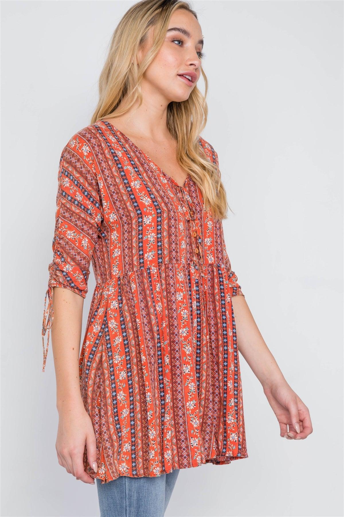 Rust V-Neck 3/4 Sleeve Button-Front Boho Top /2-2-2