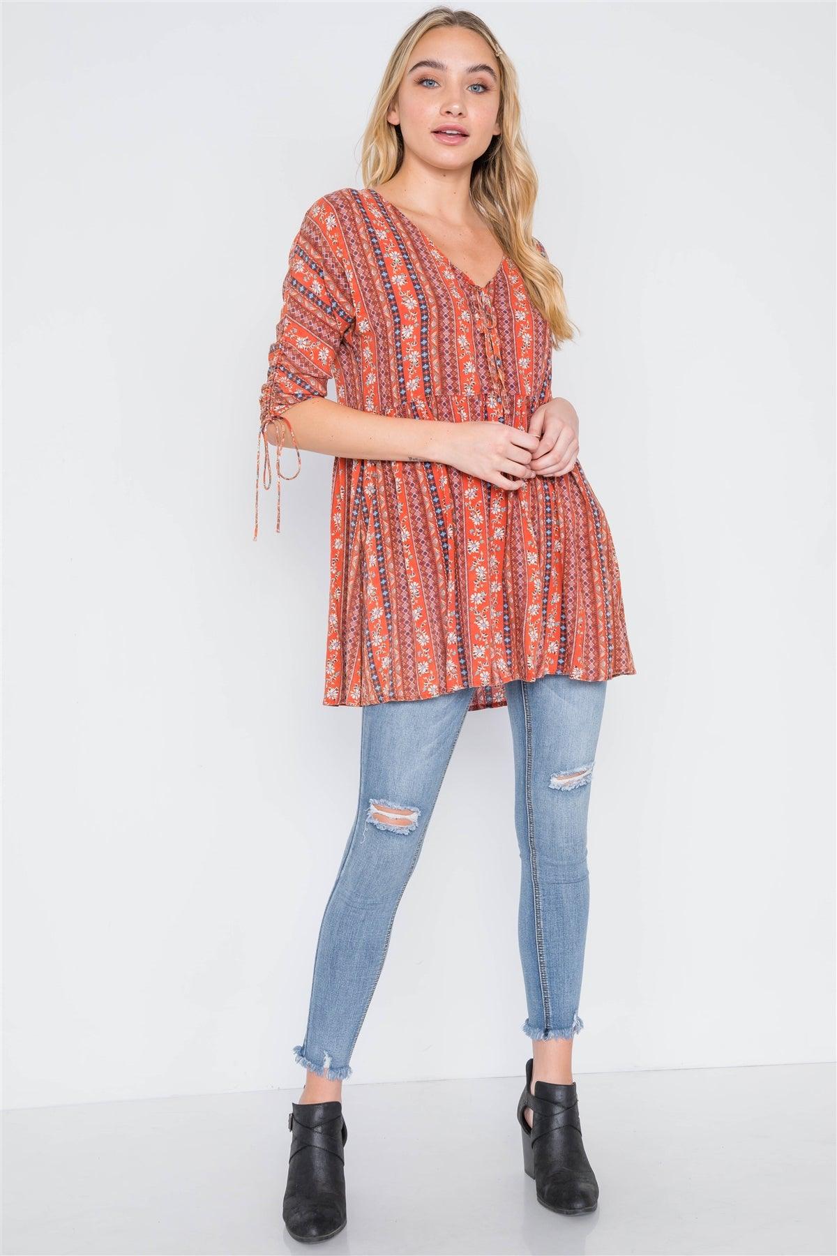 Rust V-Neck 3/4 Sleeve Button-Front Boho Top /2-2-2