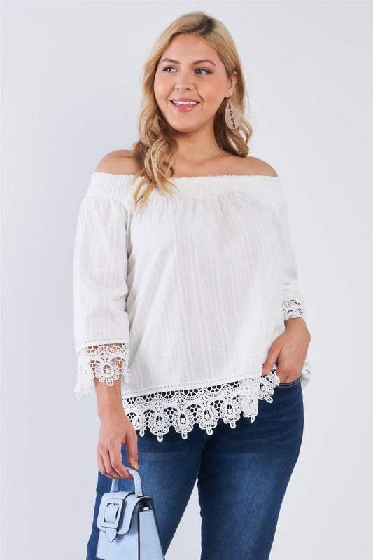 White Cotton Off-The-Shoulder Lace Trim Boho Chic Top /1-2-1-1