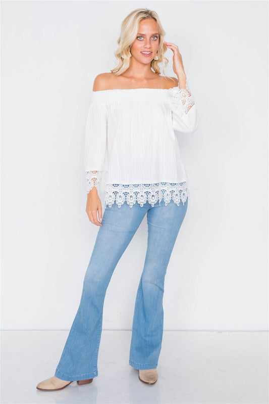 White Cotton Off-The-Shoulder Lace Trim Boho Chic Top  /1-1-2-1-1