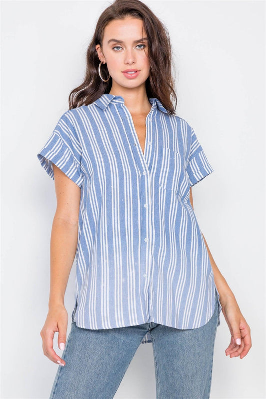 Denim Blue Washed Pinstripe Button Down Top / 2-2-2