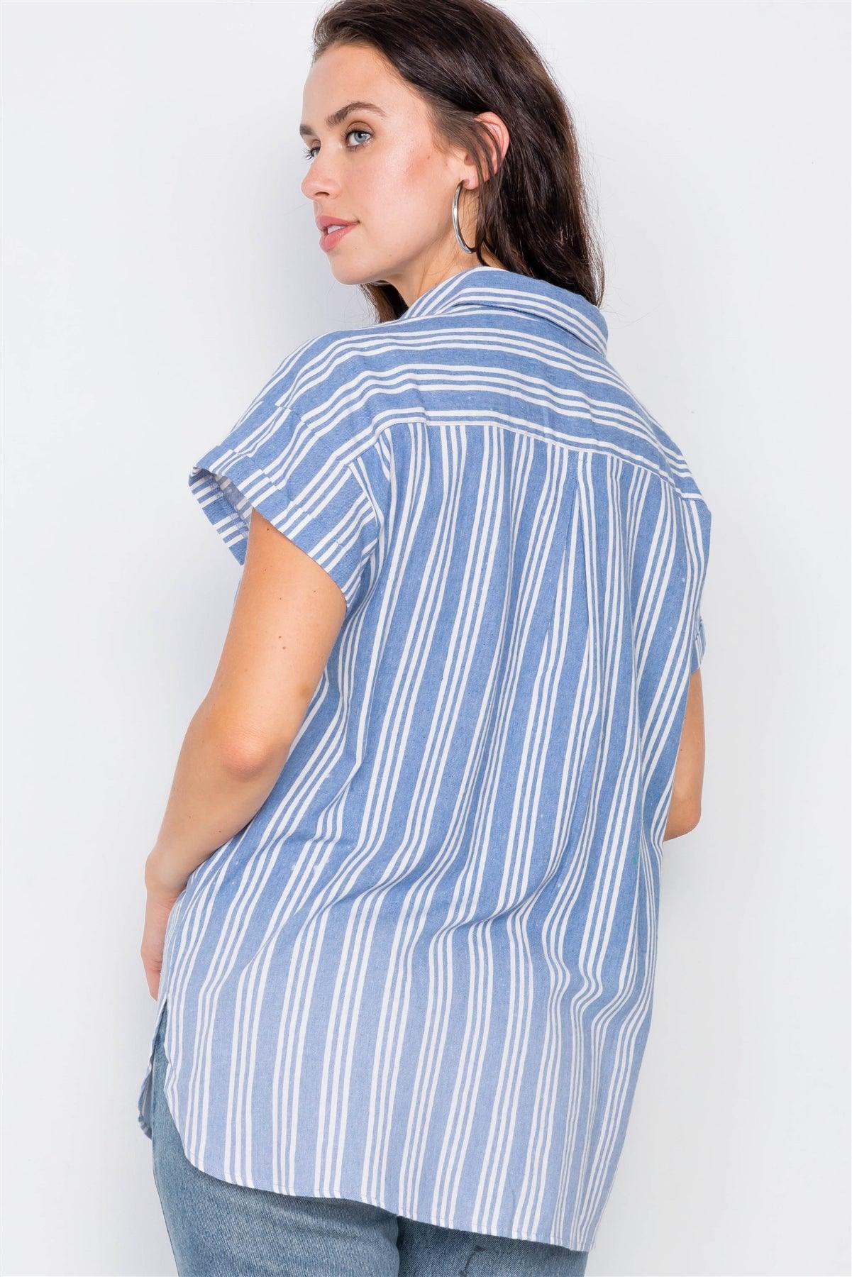 Denim Blue Washed Pinstripe Button Down Top / 2-2-2