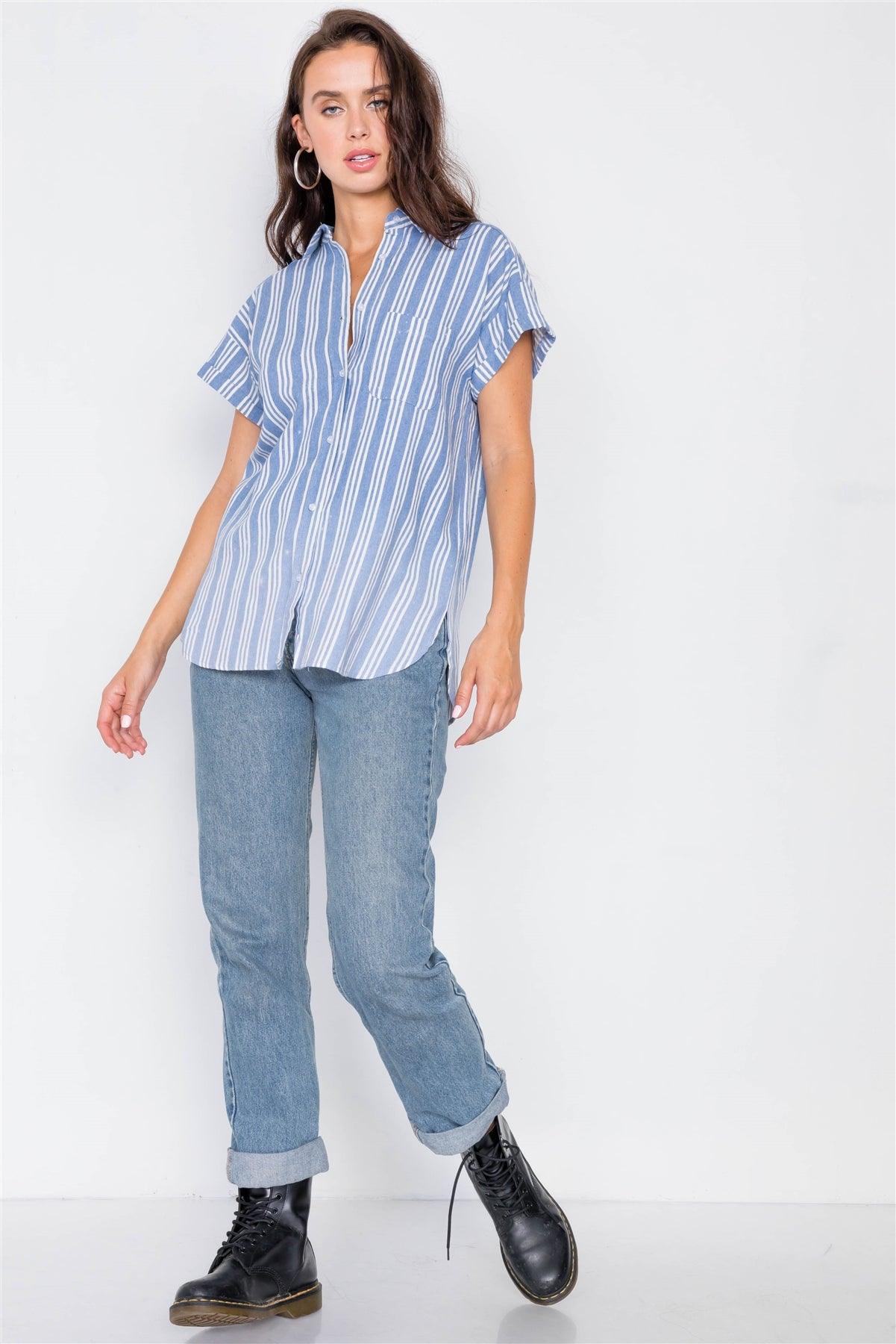 Denim Blue Washed Pinstripe Button Down Top / 2-2-2