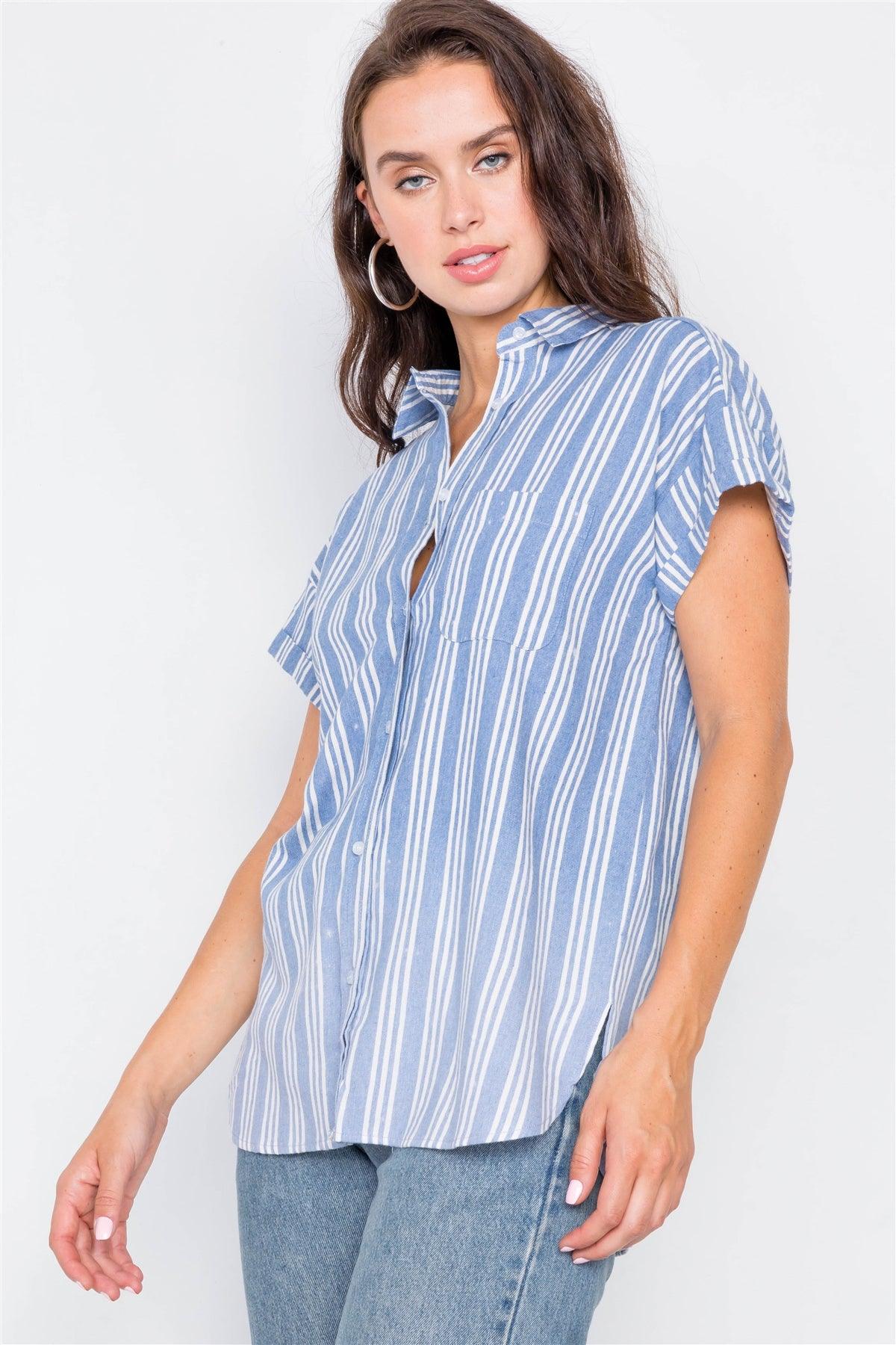 Denim Blue Washed Pinstripe Button Down Top / 2-2-2