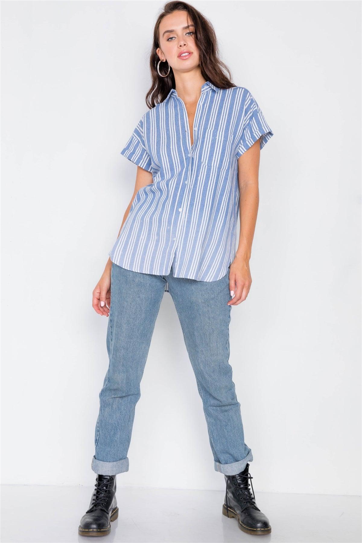 Denim Blue Washed Pinstripe Button Down Top / 2-2-2