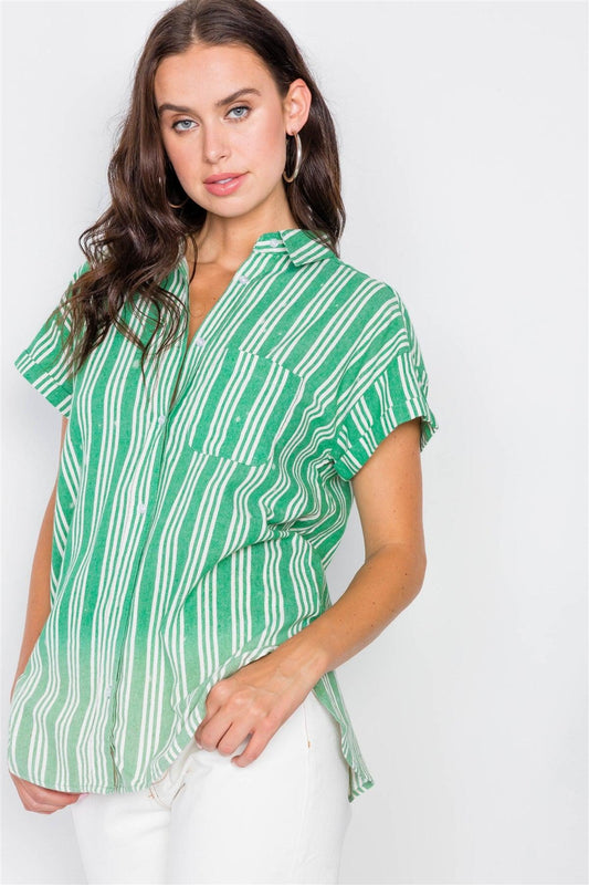 Green Washed Pinstripe Button Down Tie Dye Top/ 1-2-2