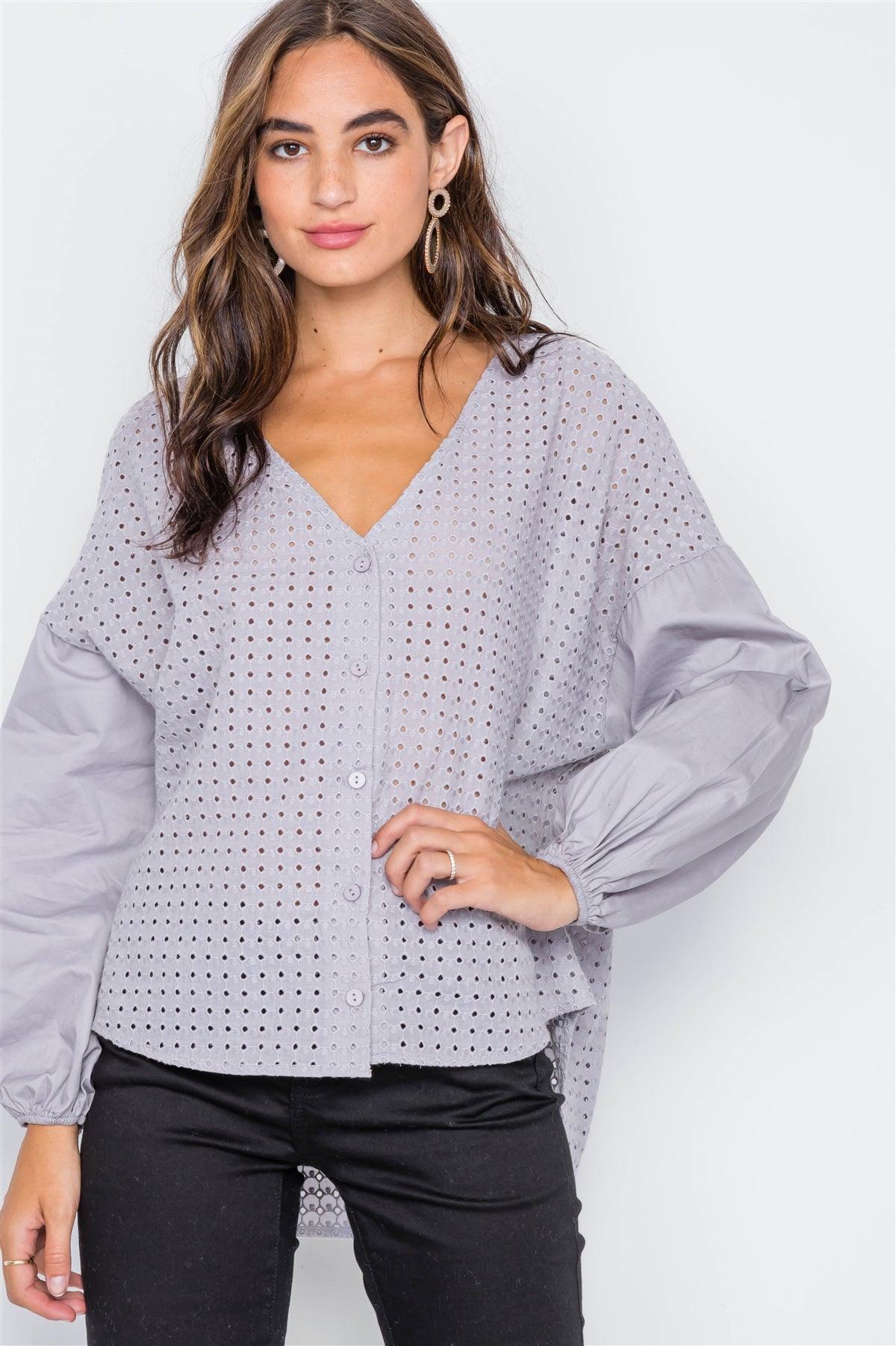 Grey Button Down Eyelet Lace Boho Top / 2-2-2