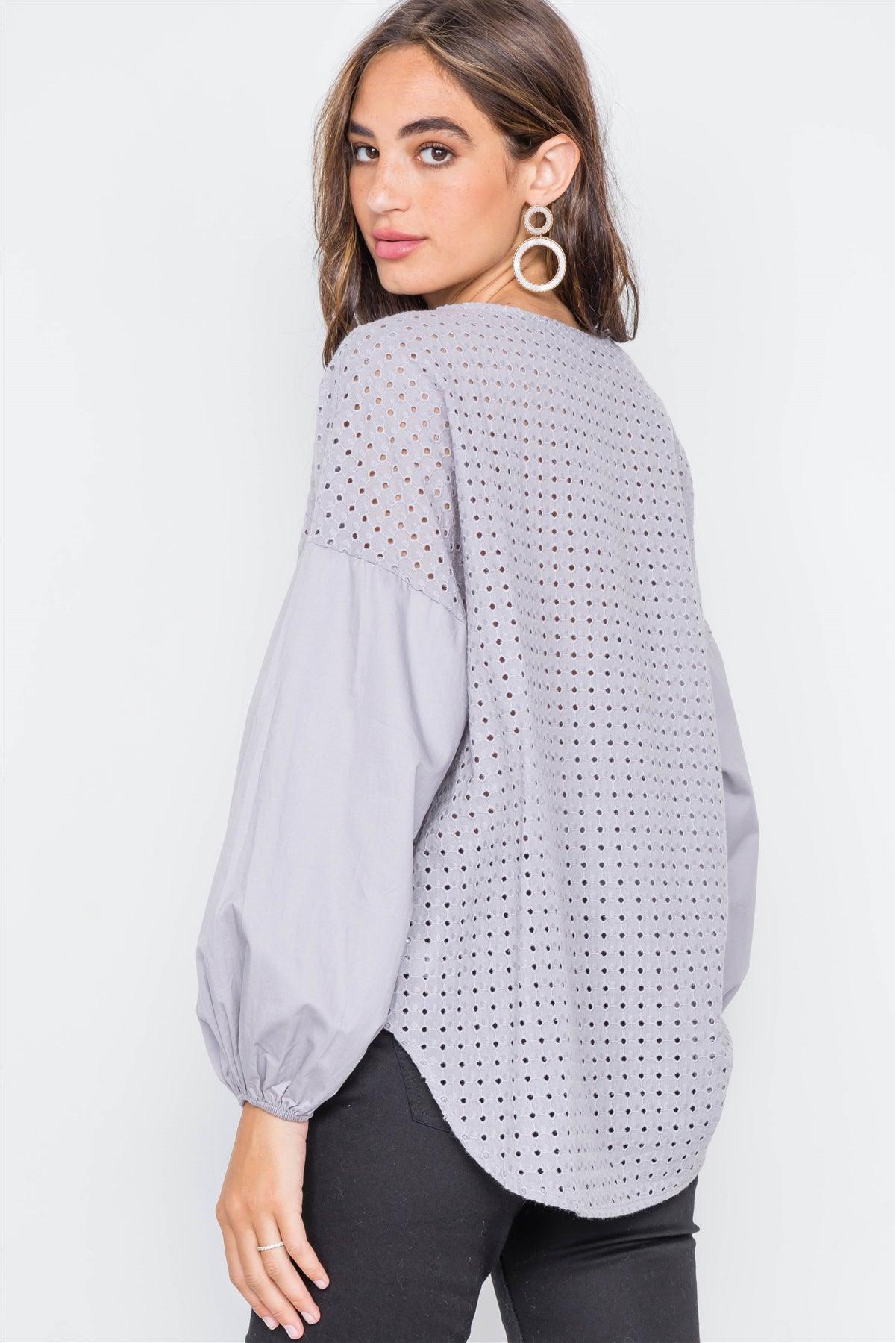 Grey Button Down Eyelet Lace Boho Top / 2-2-2