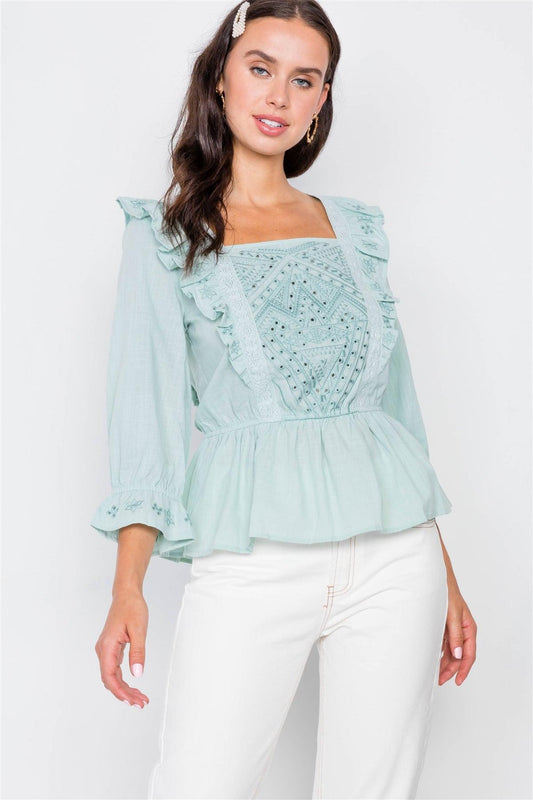 Pastel Mint Aztec Eyelet Flounce Top  / 2-2-2