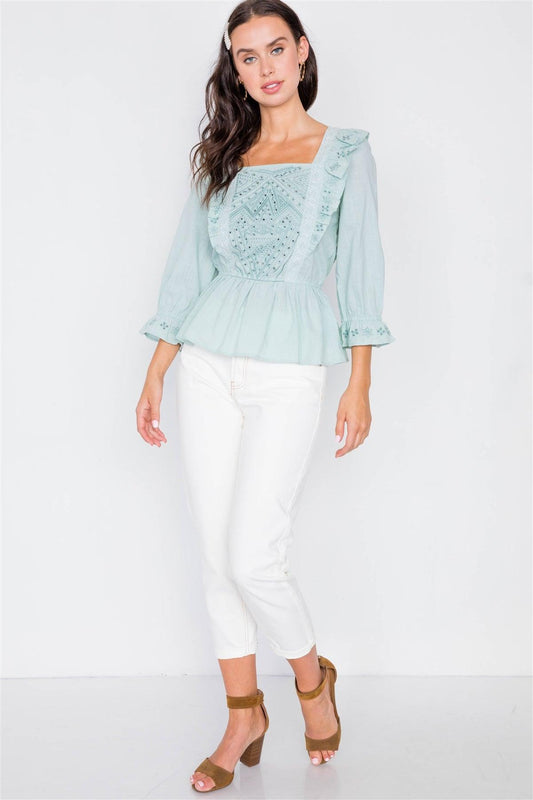 Pastel Mint Aztec Eyelet Flounce Top / 3-2-2