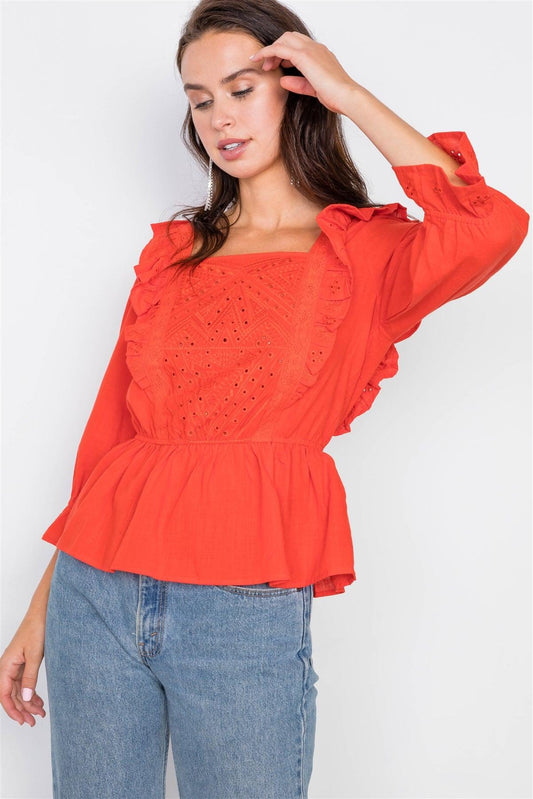 Tangerine Tango Aztec Eyelet Flounce Top  / 1-2-2