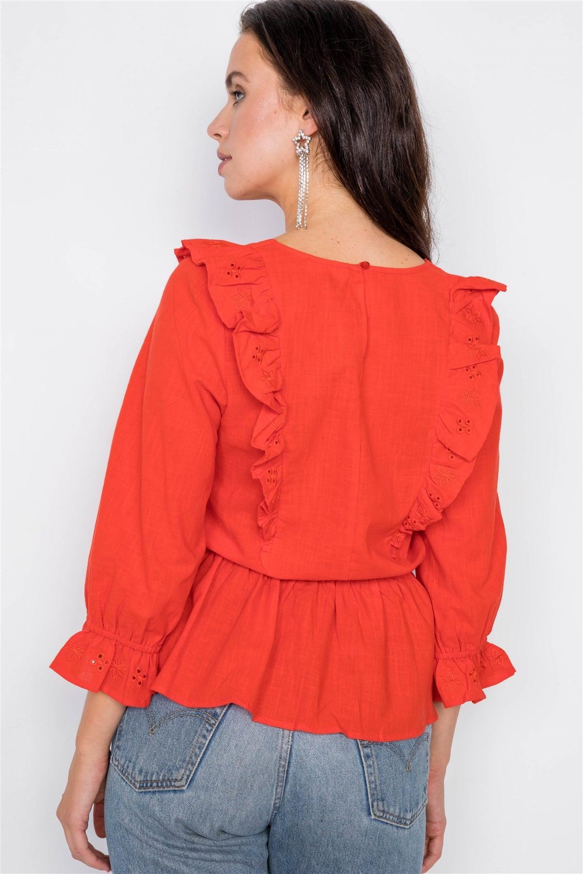 Tangerine Tango Aztec eyelet Flounce Top  / 2-2-2