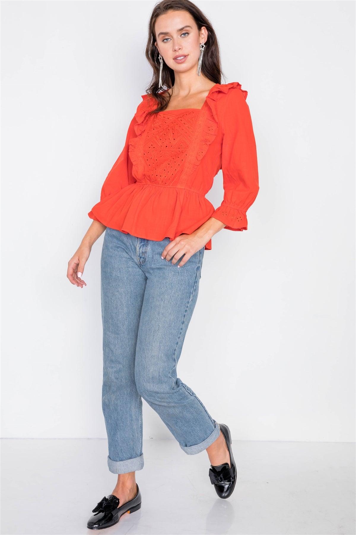 Tangerine Tango Aztec eyelet Flounce Top  / 2-2-2