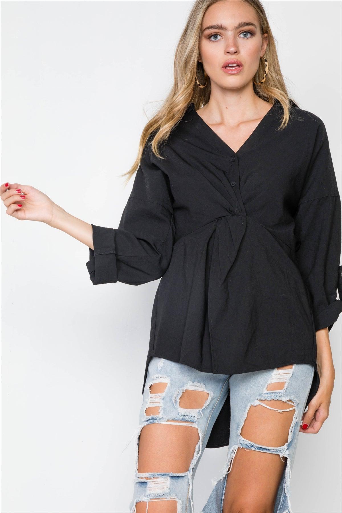 Black Solid Front Twist V-Neck Boho Top /2-2-2