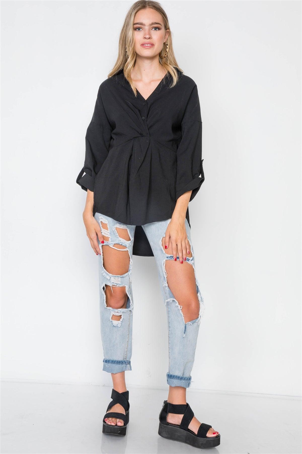 Black Solid Front Twist V-Neck Boho Top /2-2-2