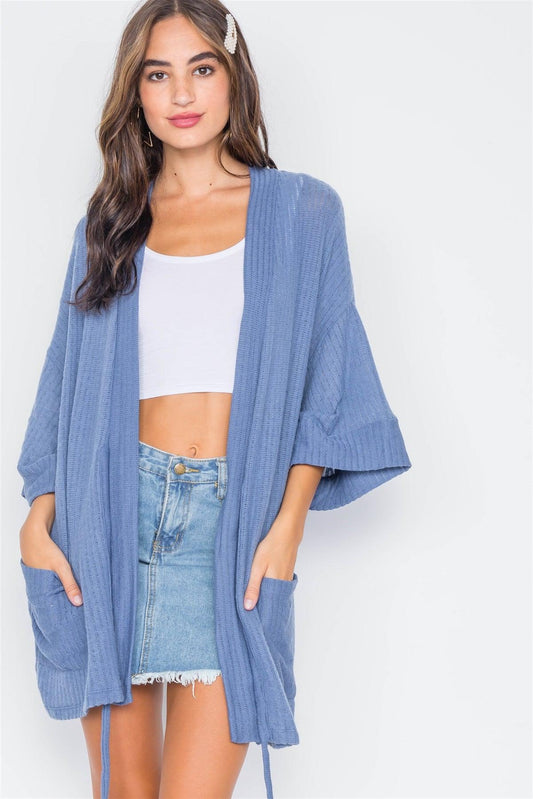 Blue Ribbed Soft Open Front Cardigan / 2-2-2