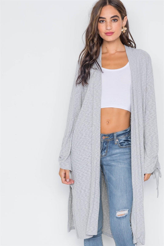 Heather Grey Ribbed Knit Open Front Cardigan / 2-2-2