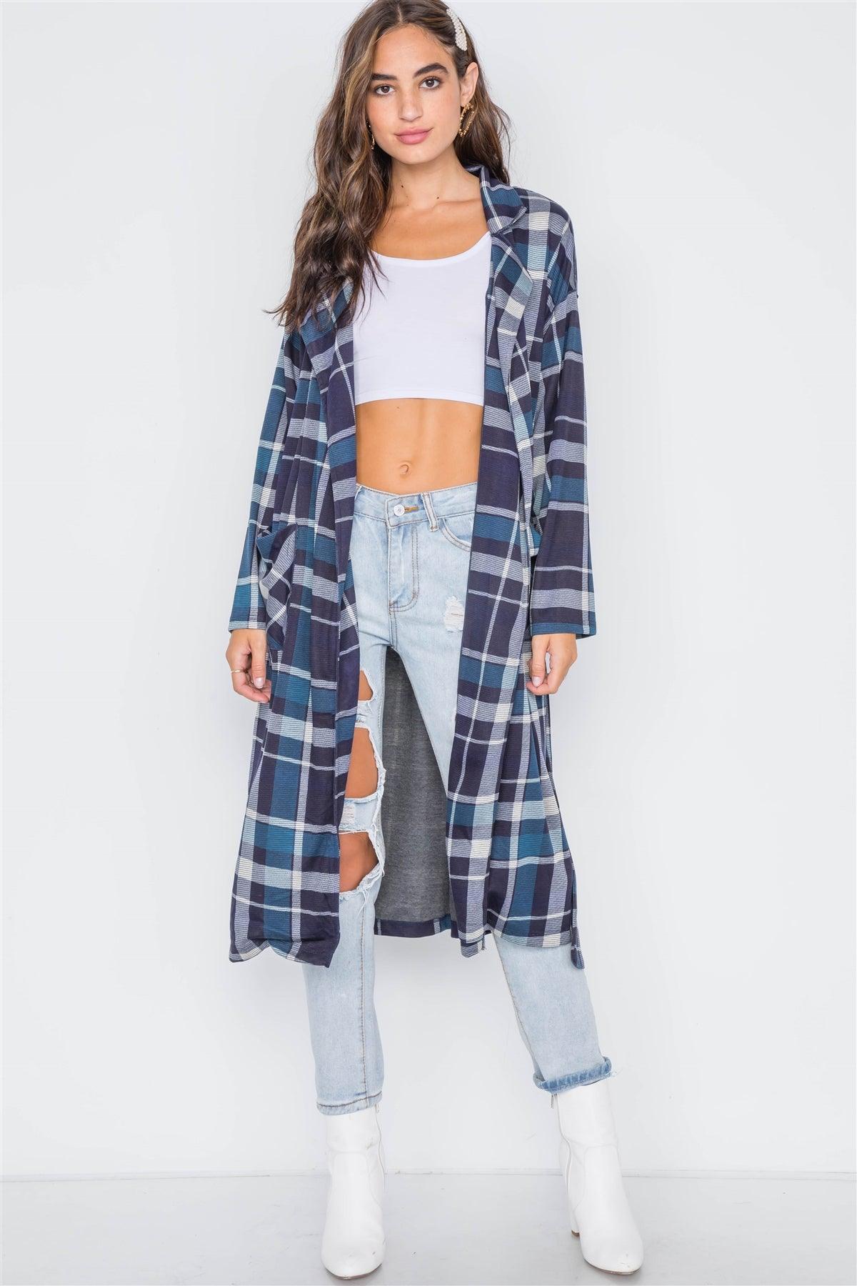 Navy Blue Knit Plaid Trench Coat Cardigan