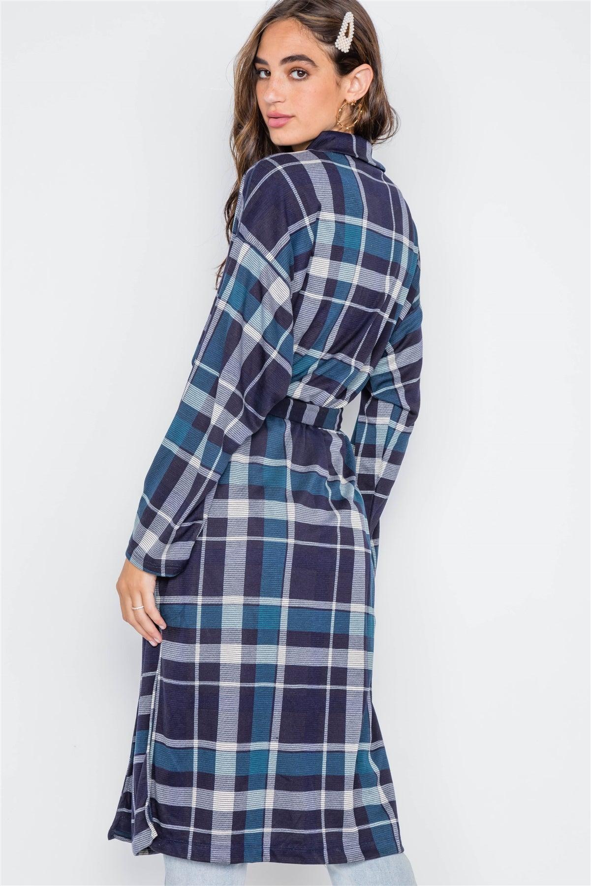 Navy Blue Knit Plaid Trench Coat Cardigan