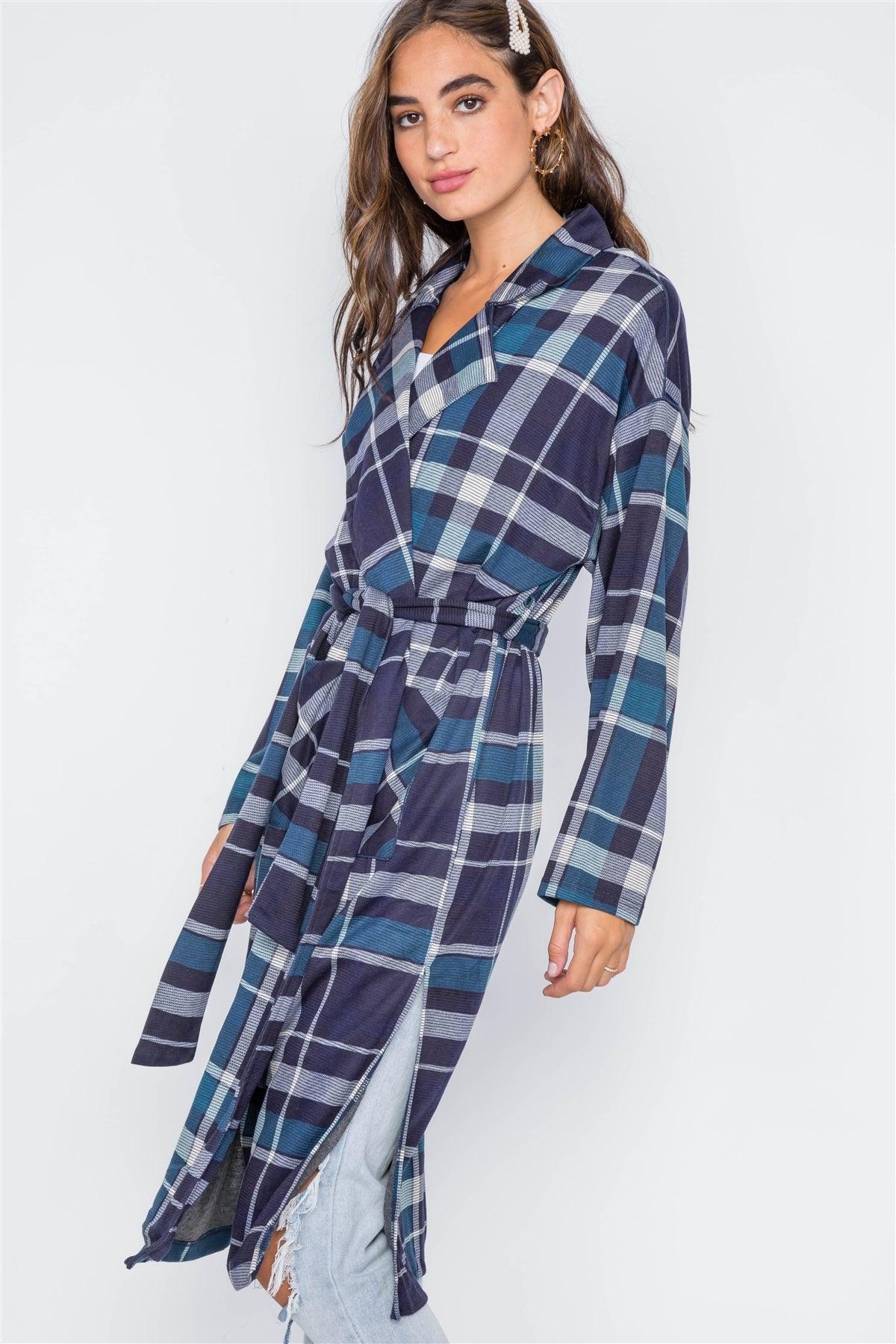 Navy Blue Knit Plaid Trench Coat Cardigan