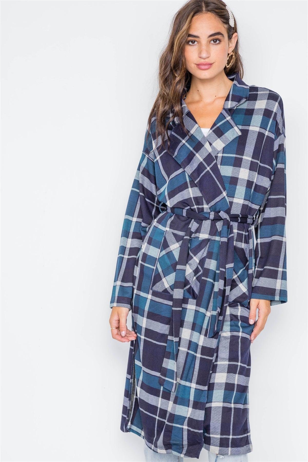 Navy Blue Knit Plaid Trench Coat Cardigan