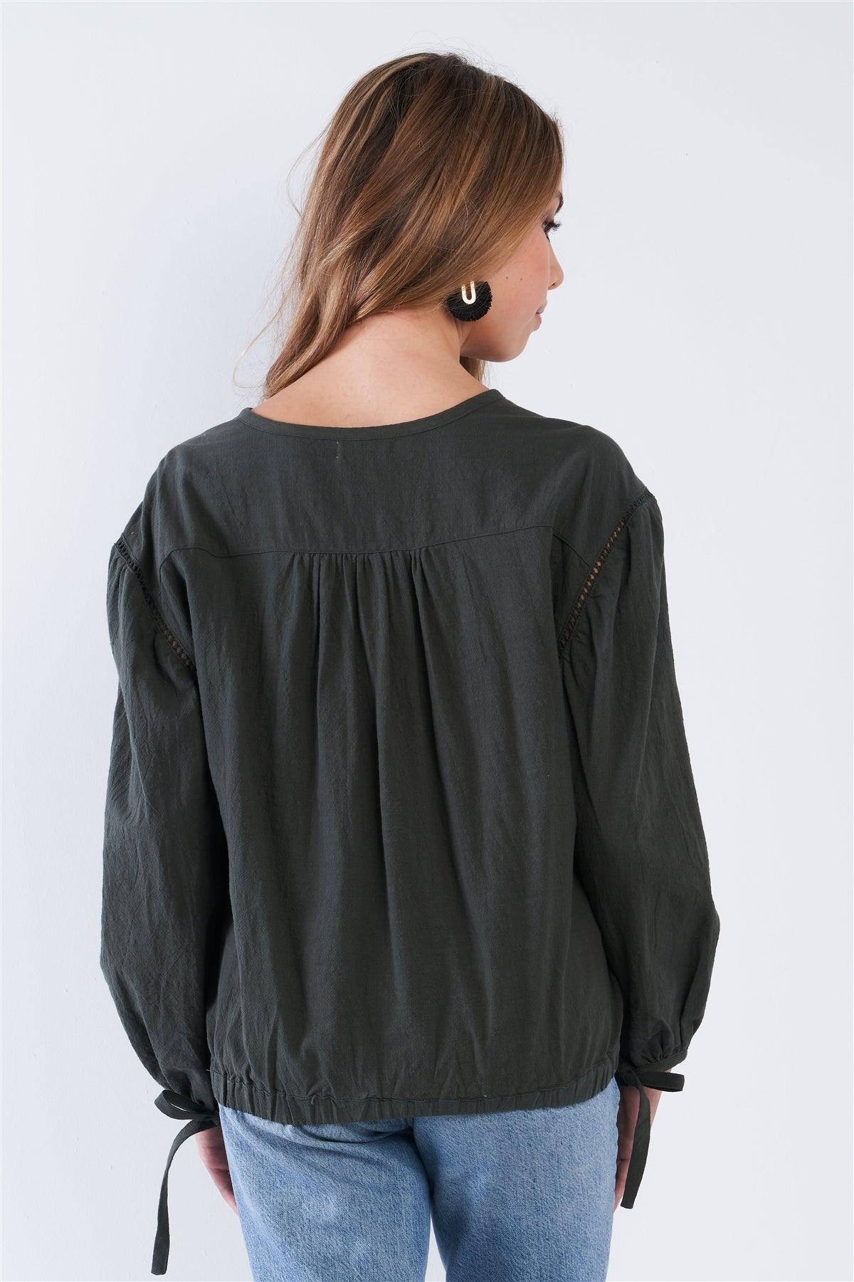 Olive Long Sleeve Crochet Detail Button Up Top /2-2-2