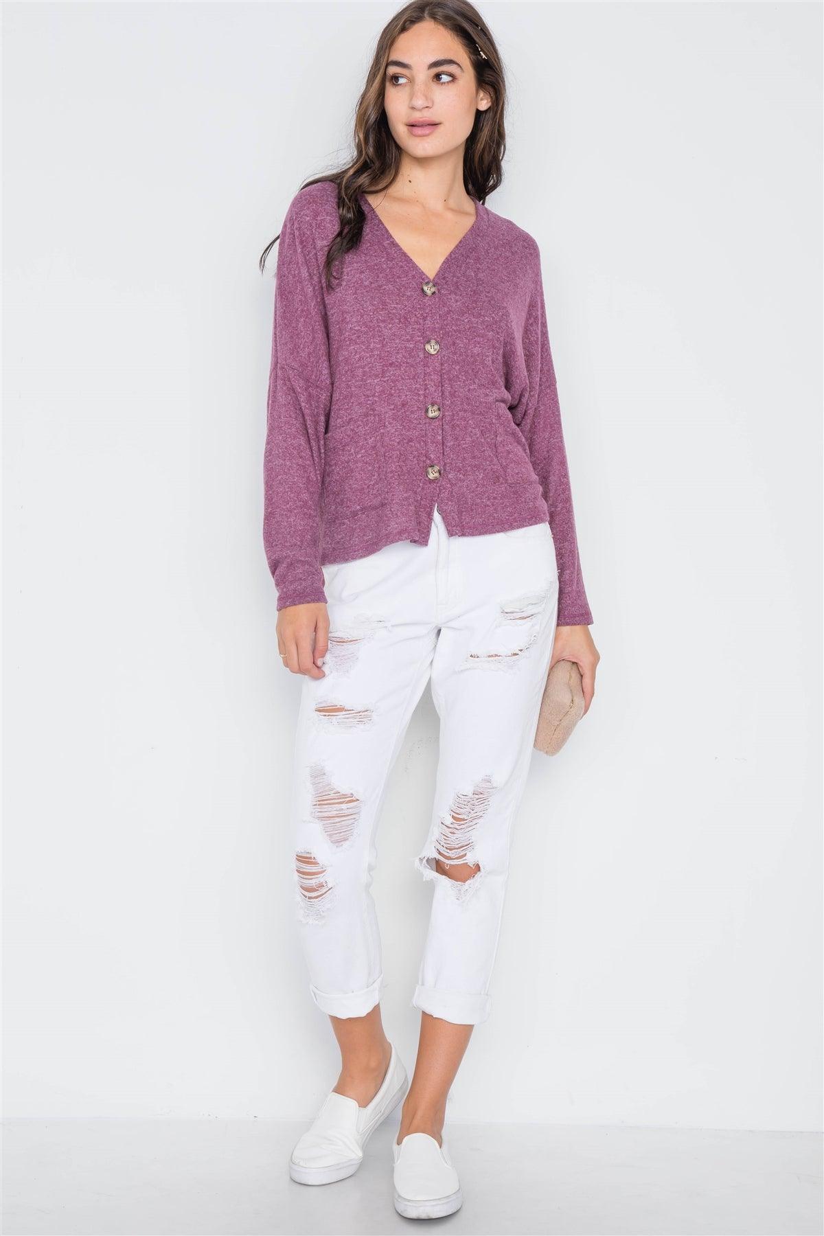 Berry Long Sleeve Knit Button-Front Combo Cardigan /2-2-1