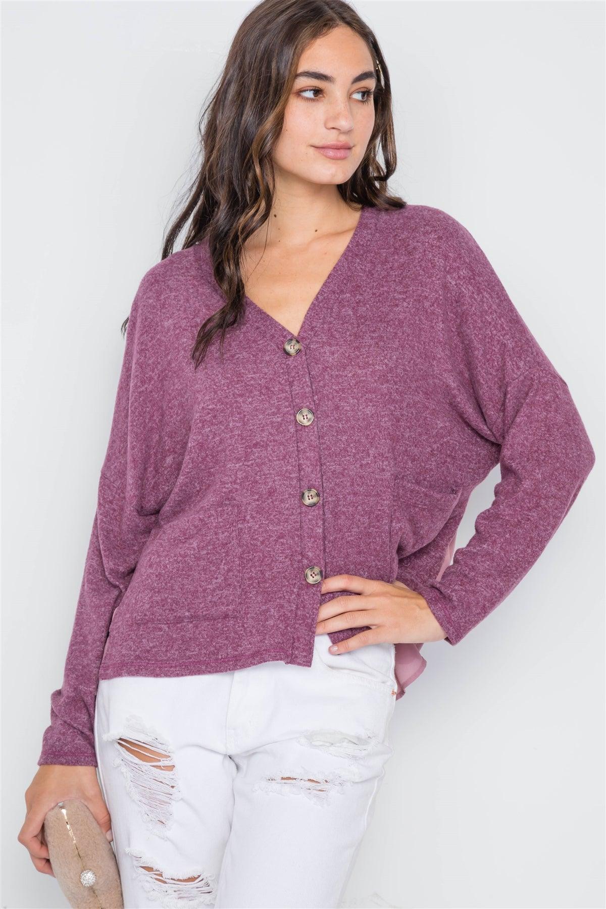 Berry Long Sleeve Knit Button-Front Combo Cardigan /2-2-2