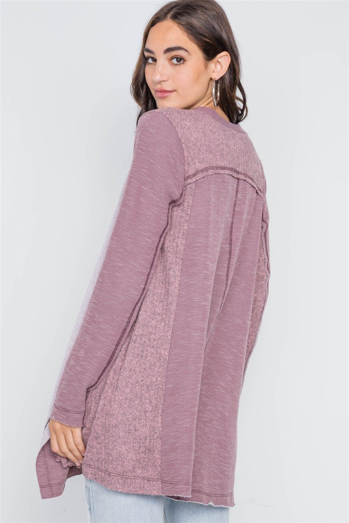 Mauve Knit Draped Front Long Sleeve Cardigan /2-2-2