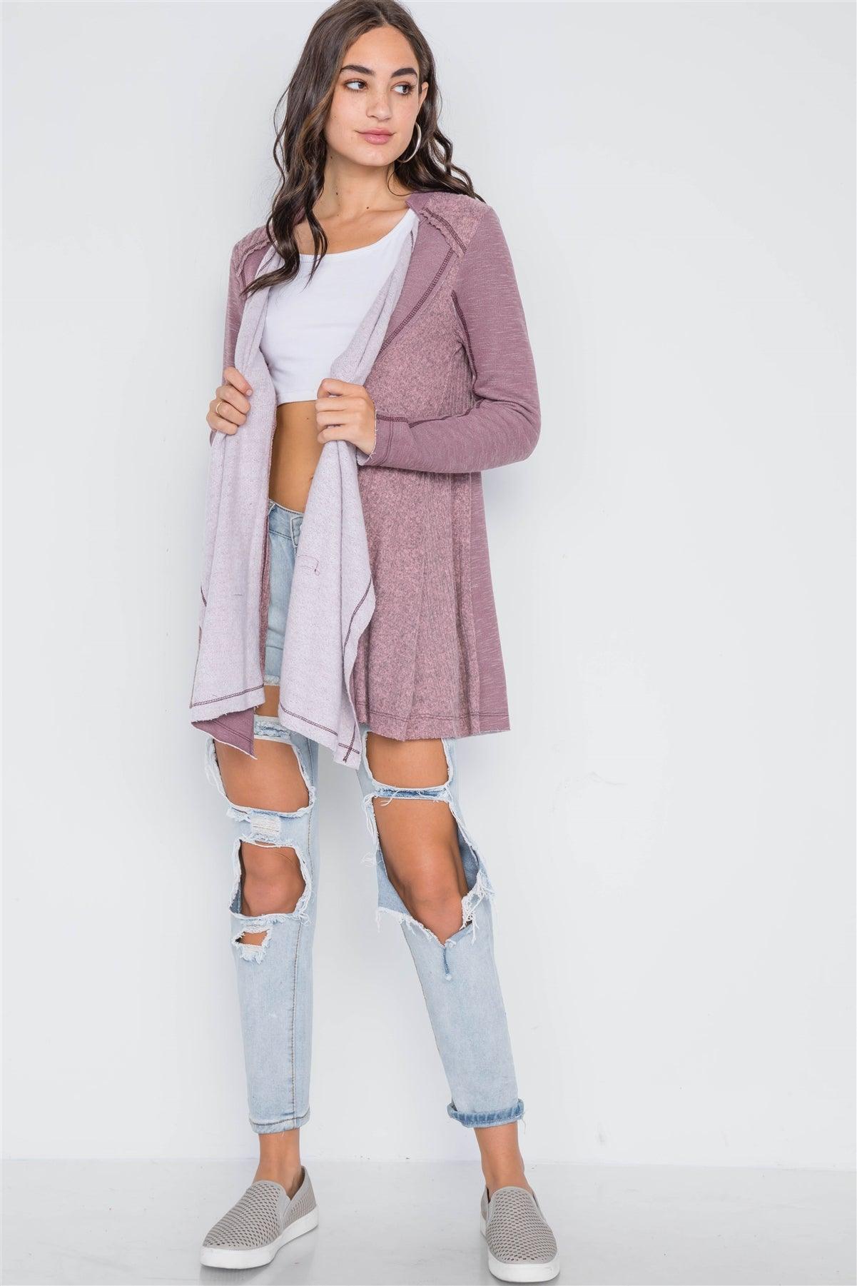 Mauve Knit Draped Front Long Sleeve Cardigan /2-2-2