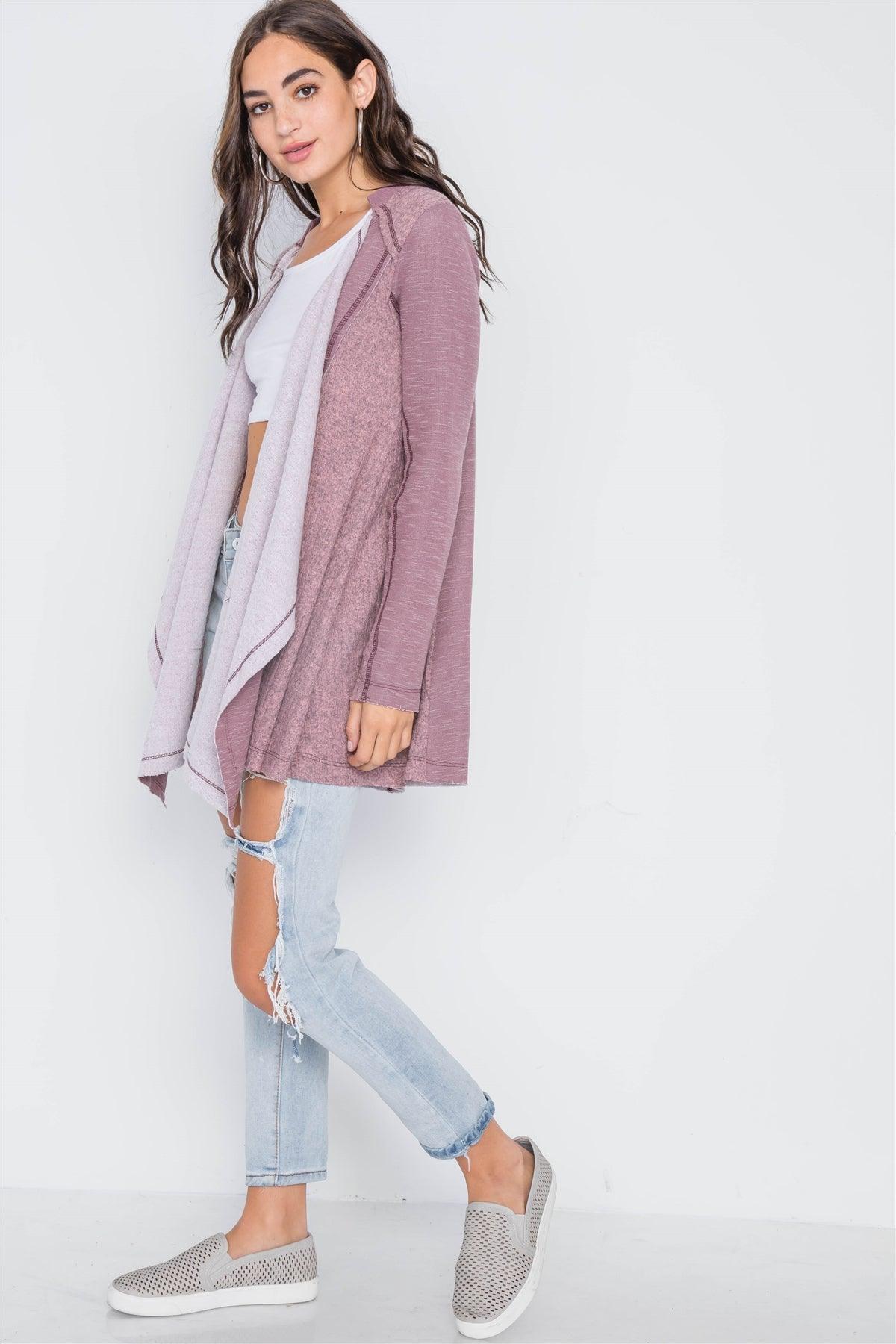 Mauve Knit Draped Front Long Sleeve Cardigan /2-2-3