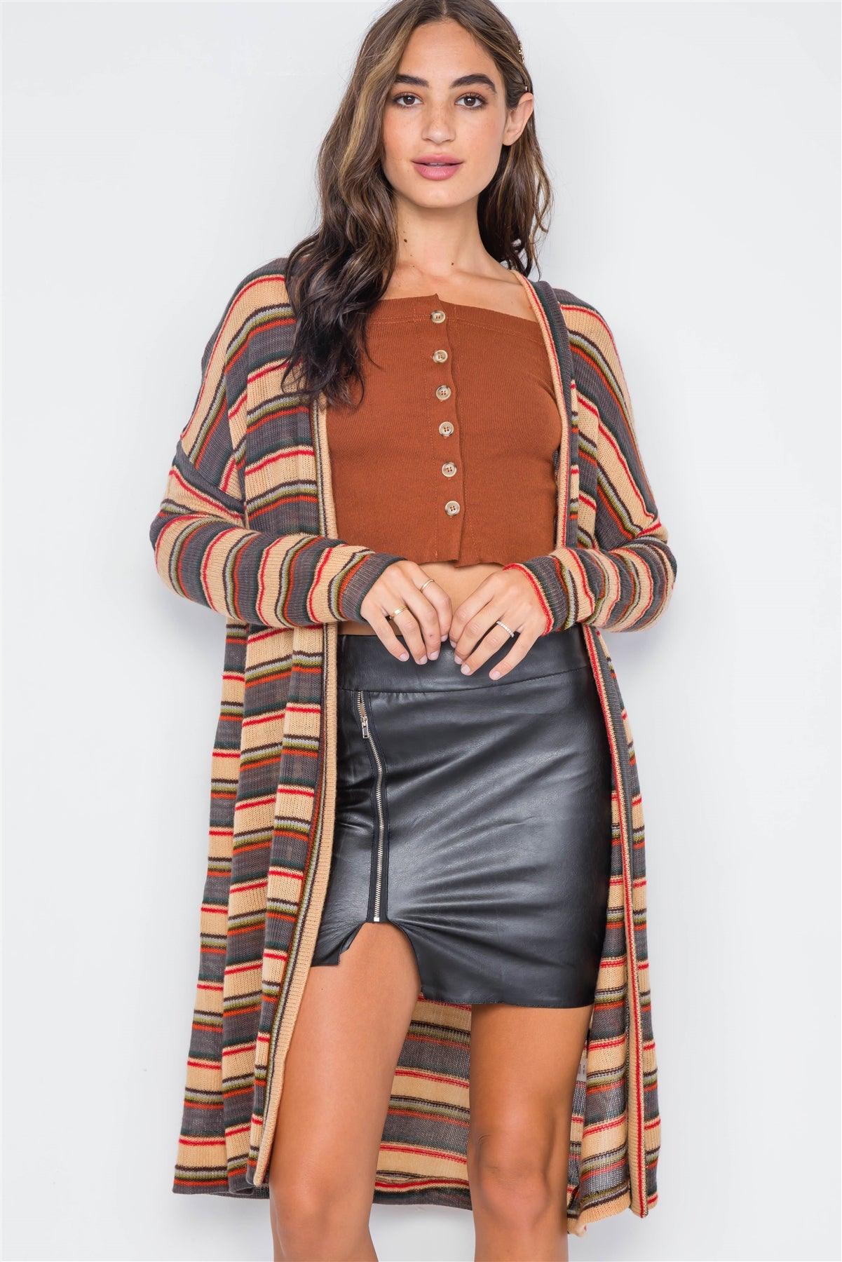 Tan Multi Open Front Long Sleeve Cardigan / 2-2-2