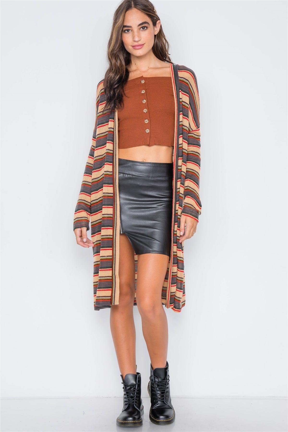 Tan Multi Open Front Long Sleeve Cardigan / 2-2-2